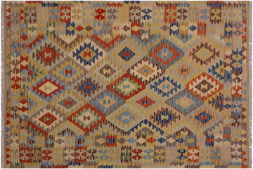 Flat Weave Kilim, Antique, Navaho, Vintage, Handmade, Geometric Kilim Tan Brown Hand-Woven Rectangle 100% Wool Area Rug 5 x 7